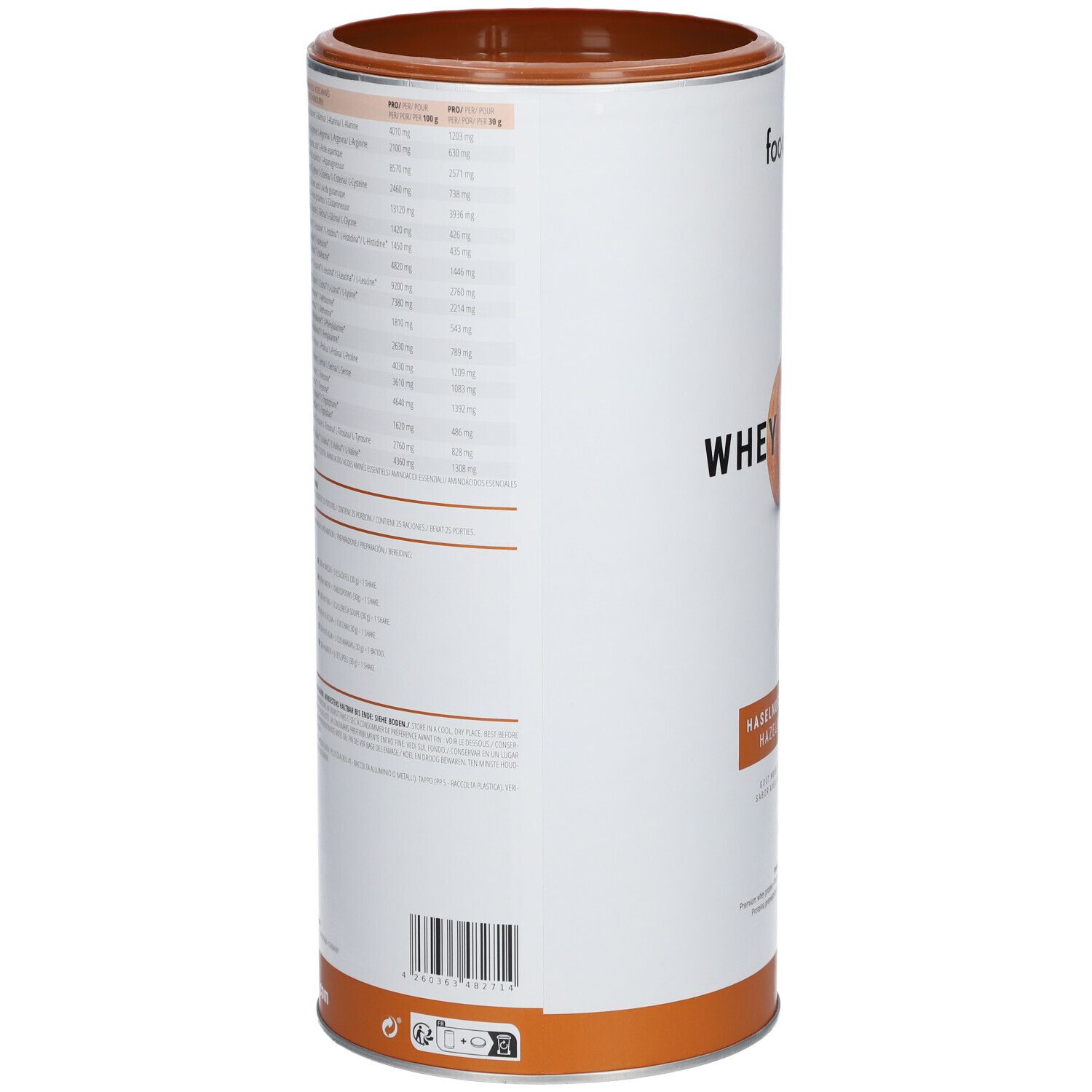 Zylinderdose mit Nährwertangaben und Barcode. "foodspring"-Logo. Brauner Deckel und Boden. Weiße Dose.