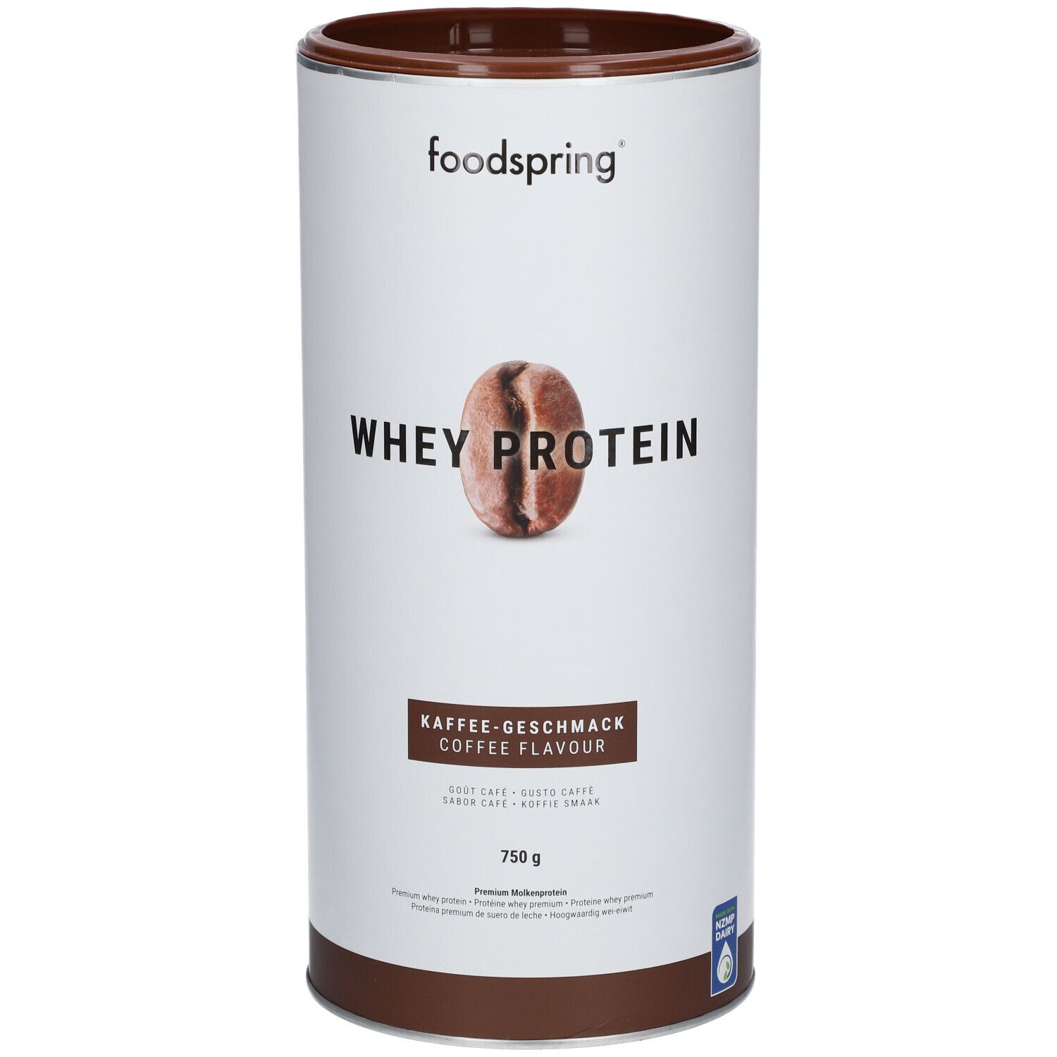 Zylinderdose mit foodspring® Whey Protein Kaffee. Aufschrift: Whey Protein, Kaffee-Geschmack, 750 g. Kaffeebohne-Illustration.