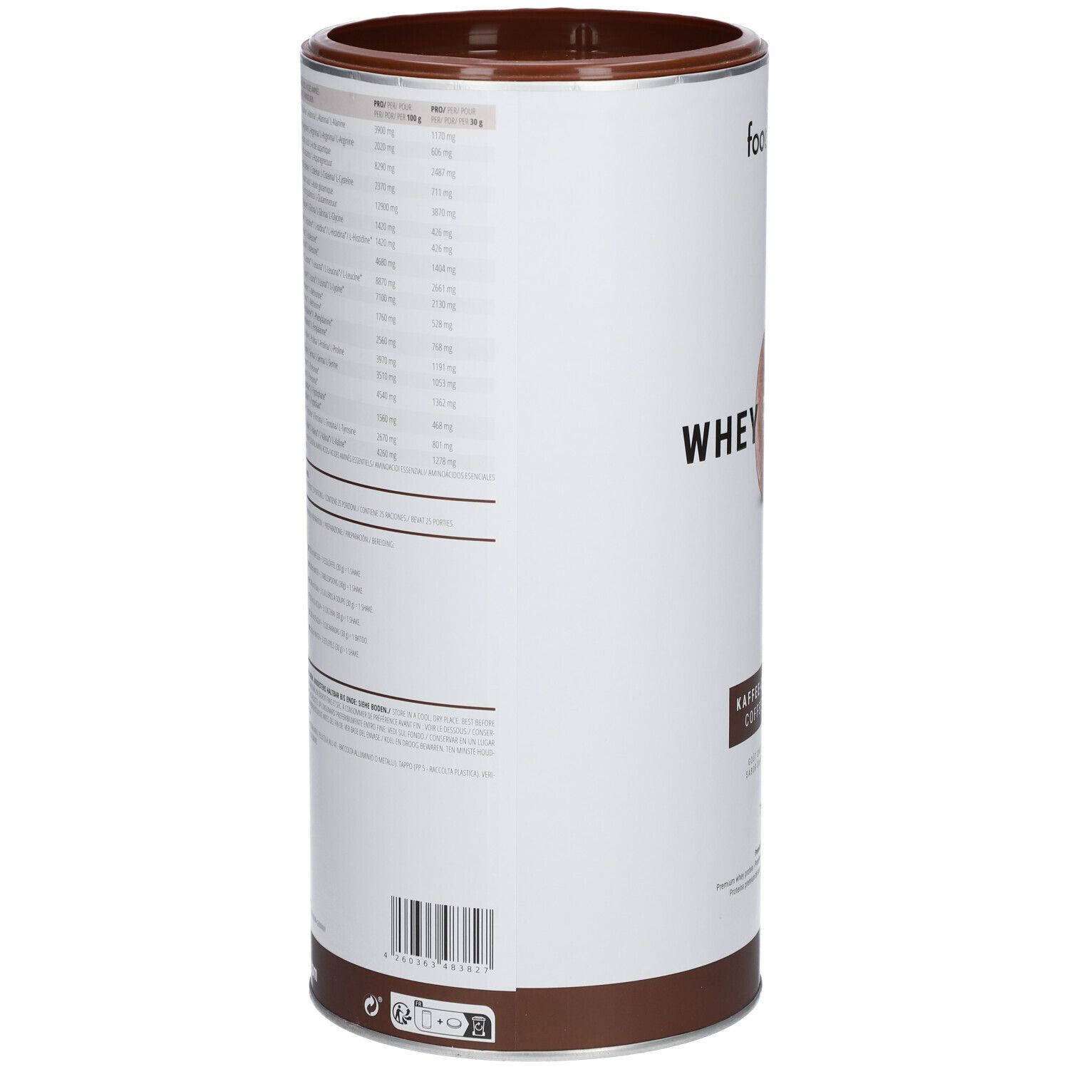 Zylinderdose mit Nährwertangaben und Barcode. foodspring® Whey Protein Kaffee. Brauner Deckel und Boden. Text in Deutsch.
