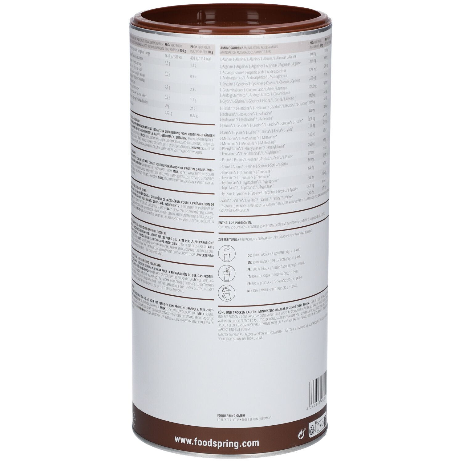 Zylinderdose mit Nährwertangaben und Zubereitungshinweisen. foodspring® Whey Protein Kaffee. Brauner Deckel und Boden. Text in Deutsch.