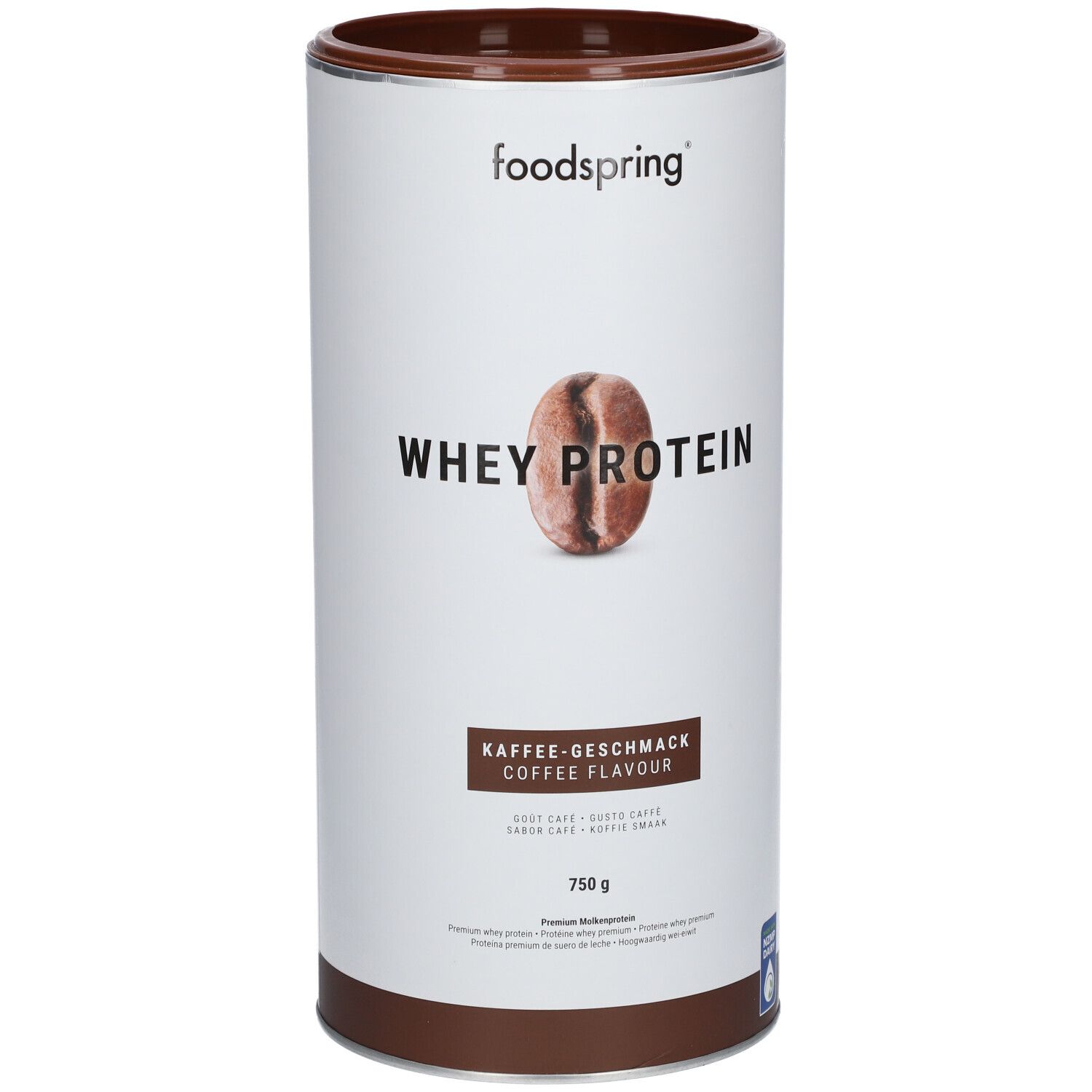 Zylinderdose mit foodspring® Whey Protein Kaffee. Aufschrift: Whey Protein, Kaffee-Geschmack, 750 g. Kaffeebohne-Illustration.