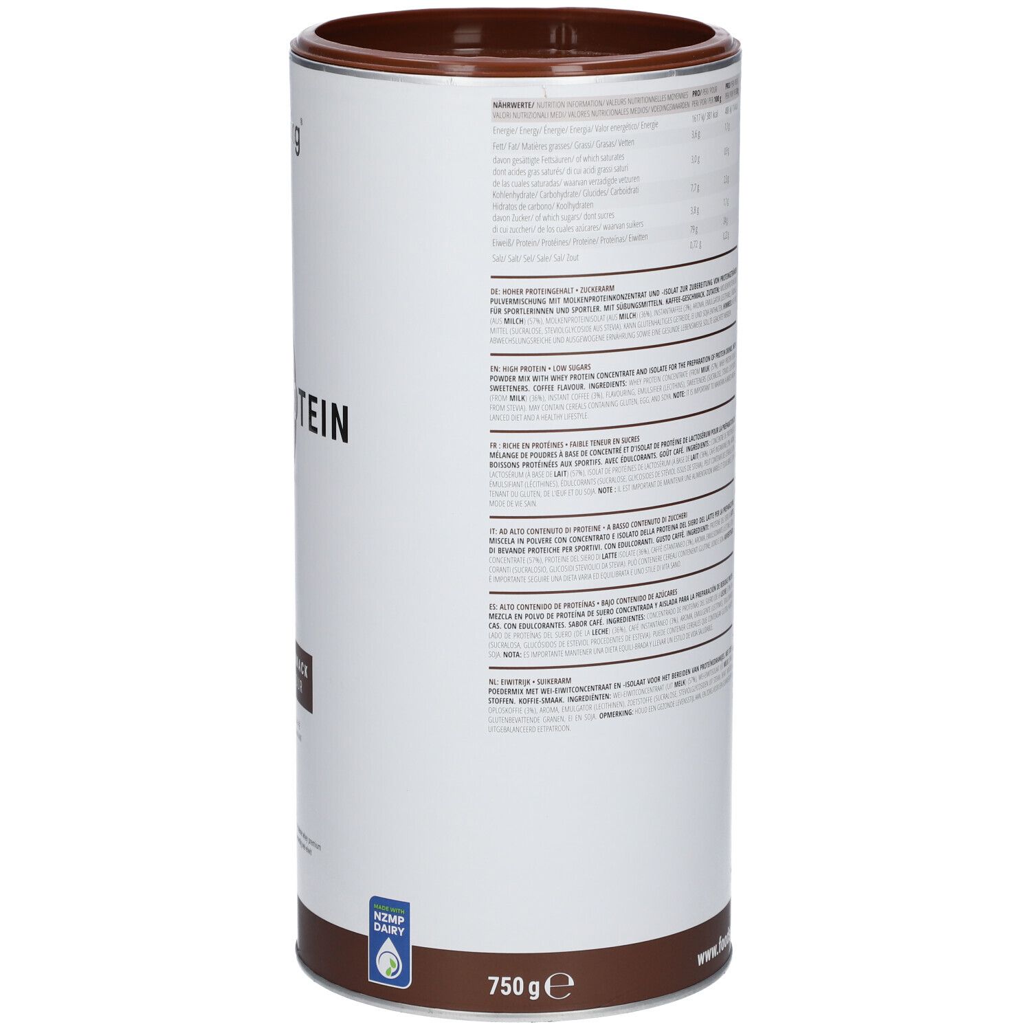 Zylinderdose mit Nährwertangaben. foodspring® Whey Protein Kaffee. Brauner Deckel und Boden. Text in Deutsch. Logo: Informed-Sport.