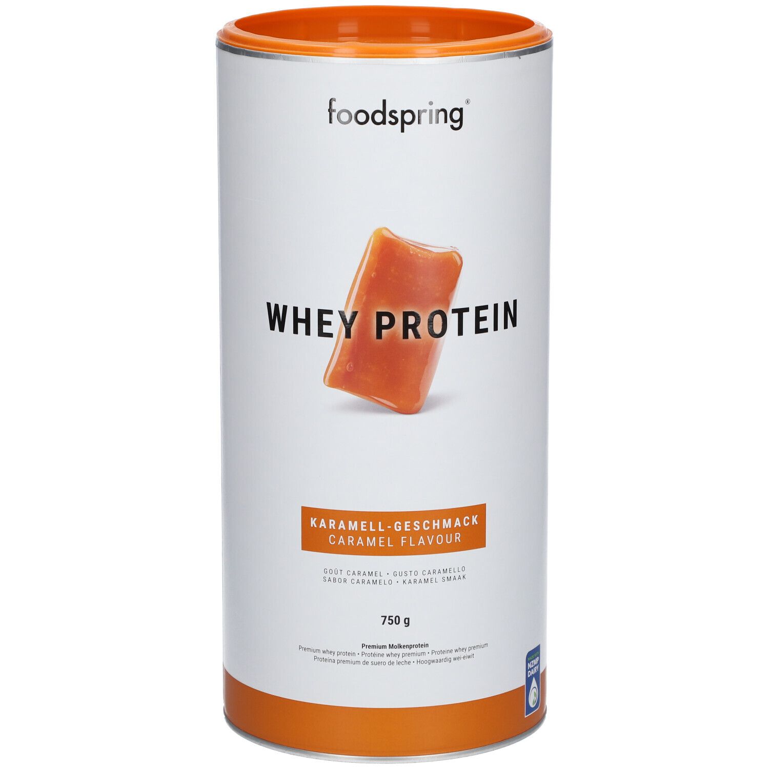 Zylinderförmige Dose mit "foodspring"-Logo. "WHEY PROTEIN" und Karamell-Geschmack. 750 g. Abgebildet ist ein Karamellbonbon.