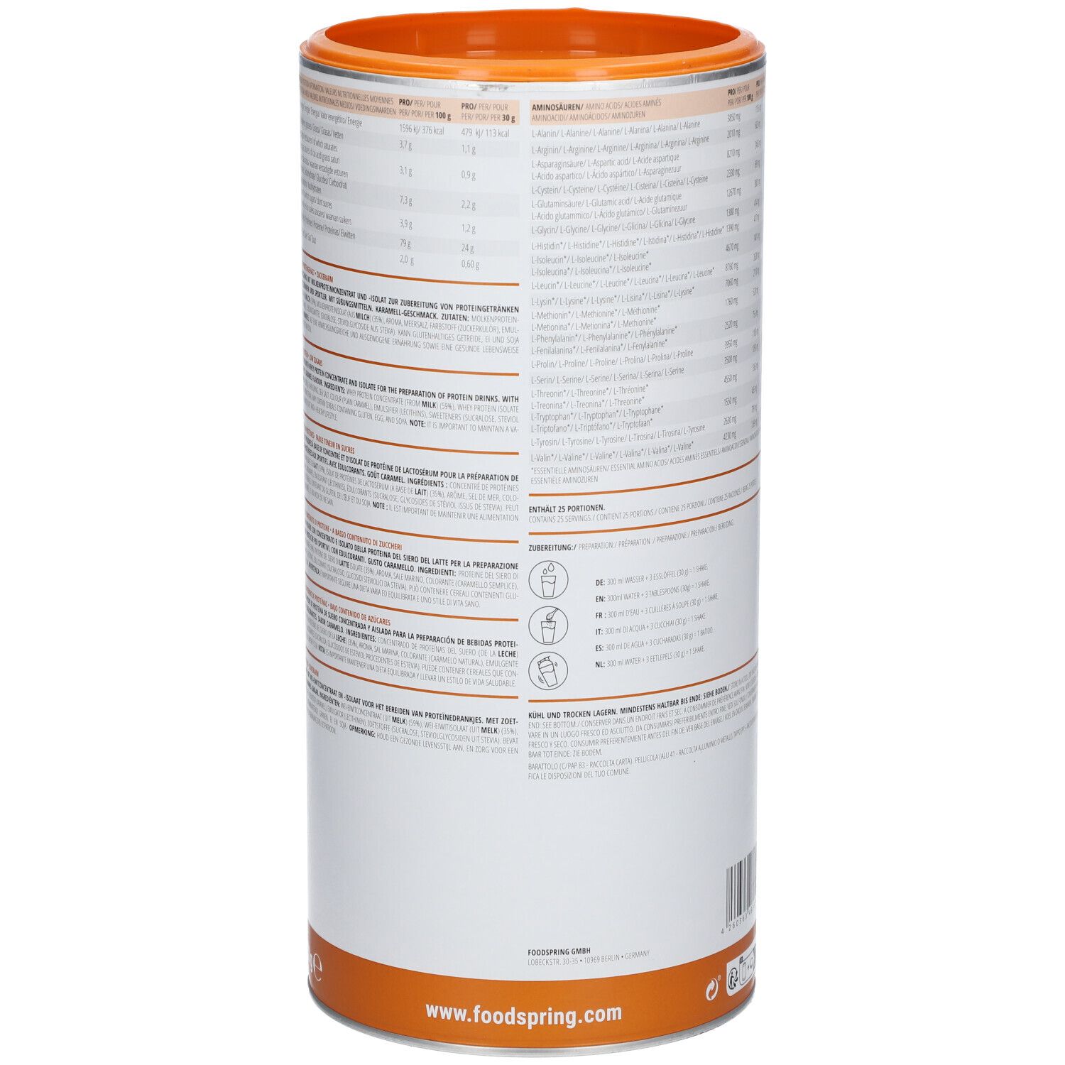 Rückseite einer zylinderförmigen Dose. Enthält Informationen zu Inhaltsstoffen und Nährwerten. Orangefarbener Deckel und Boden.