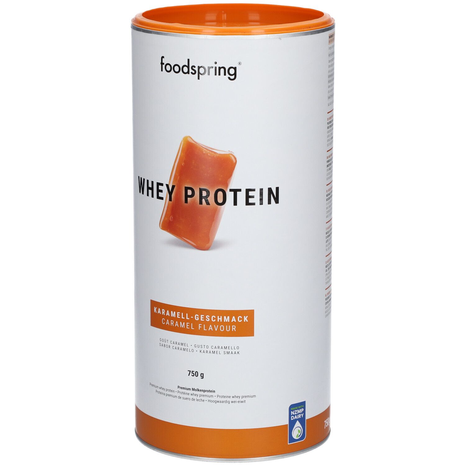 Zylinderförmige Dose mit "foodspring"-Logo. "WHEY PROTEIN" und Karamell-Geschmack. 750 g. Abgebildet ist ein Karamellbonbon.