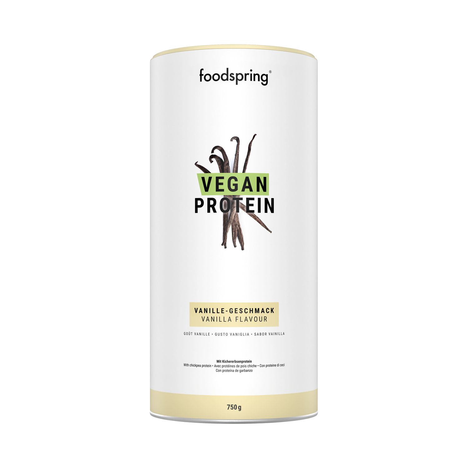 Zylindrische Dose foodspring® Vegan Protein Vanille. Aufschrift: Vegan Protein, Vanille-Geschmack. Abbildung: Vanilleschoten.