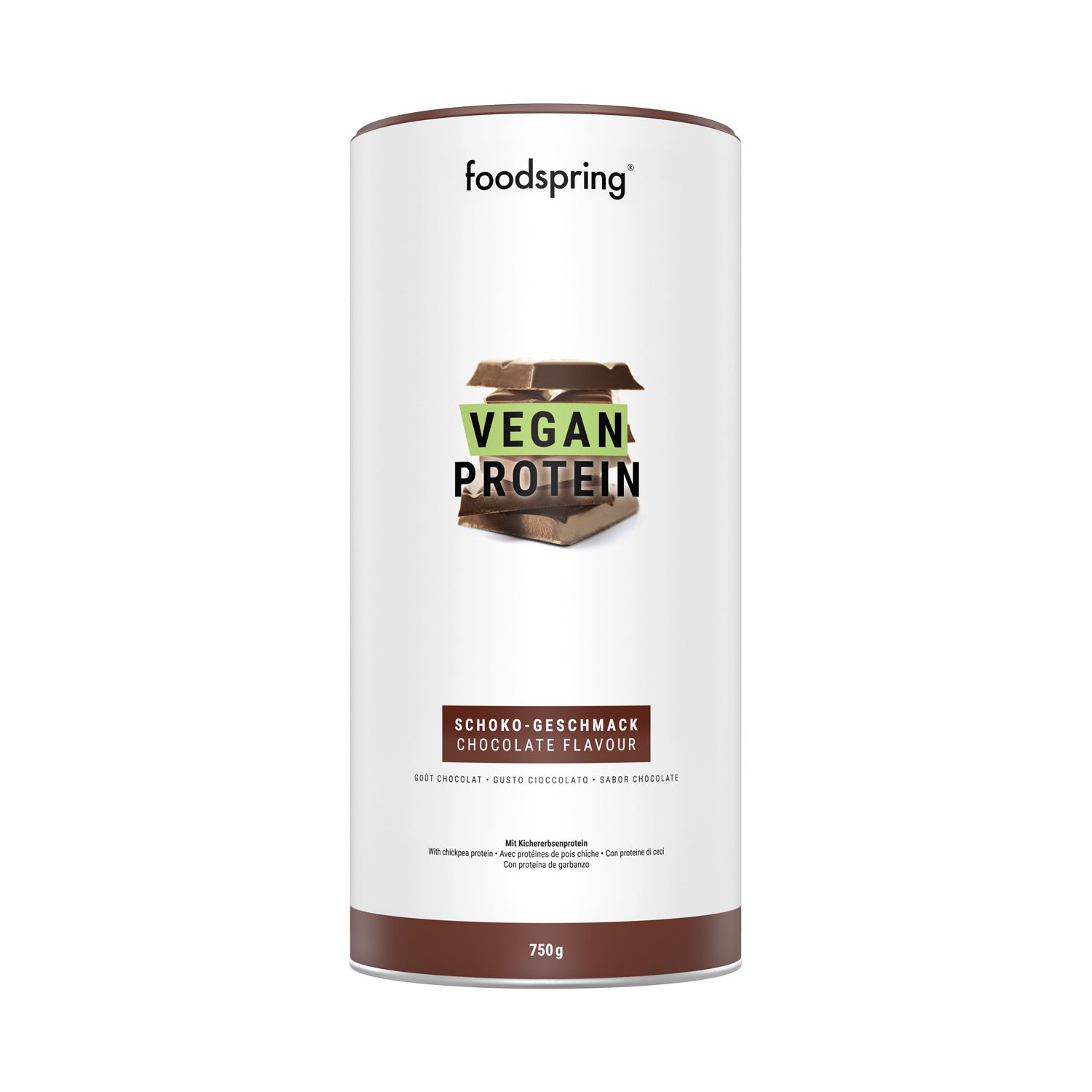 Boîte de foodspring® Vegan Protein Schokolade. Goût chocolat. Inscription Vegan Protein avec morceaux de chocolat. 750g.