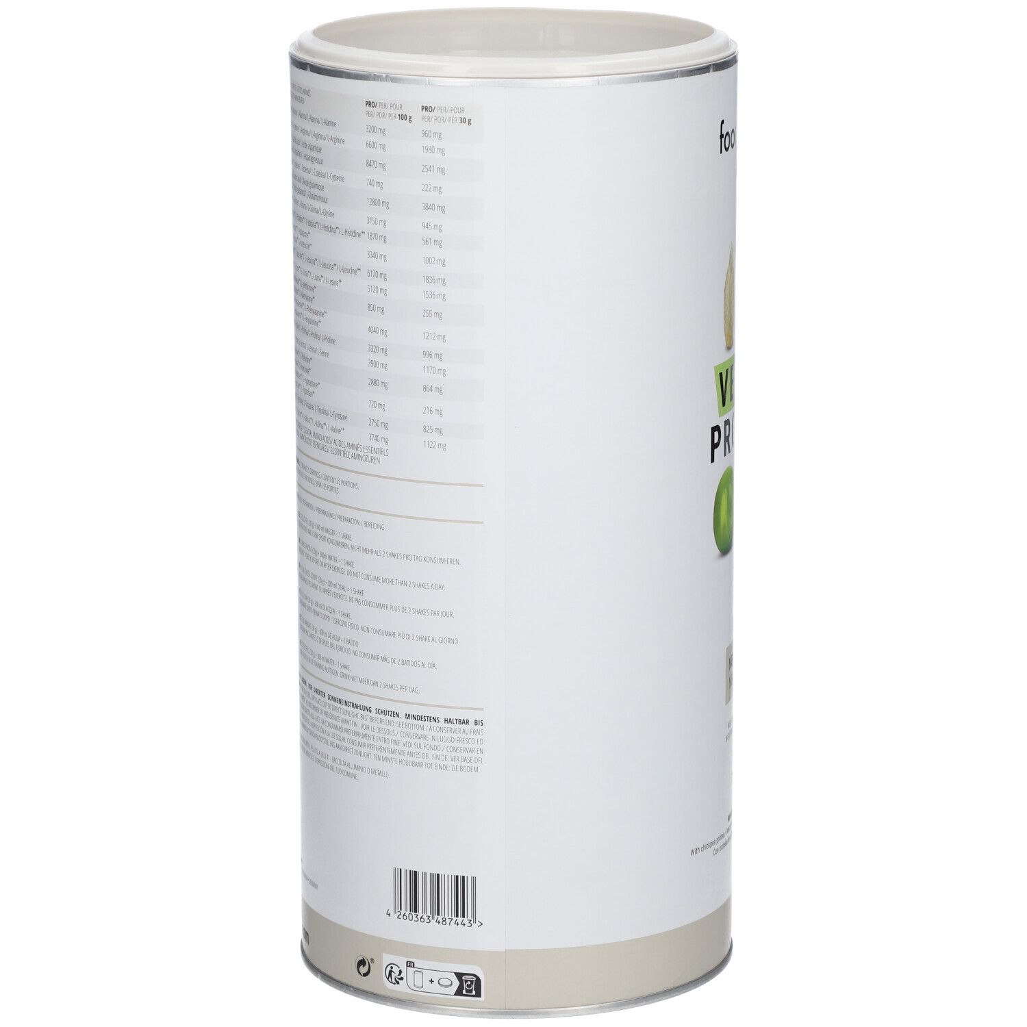 Zylindrische Dose mit Nährwertangaben und Inhaltsstoffen. "foodspring"-Logo sichtbar. Barcode und Text auf der Rückseite.