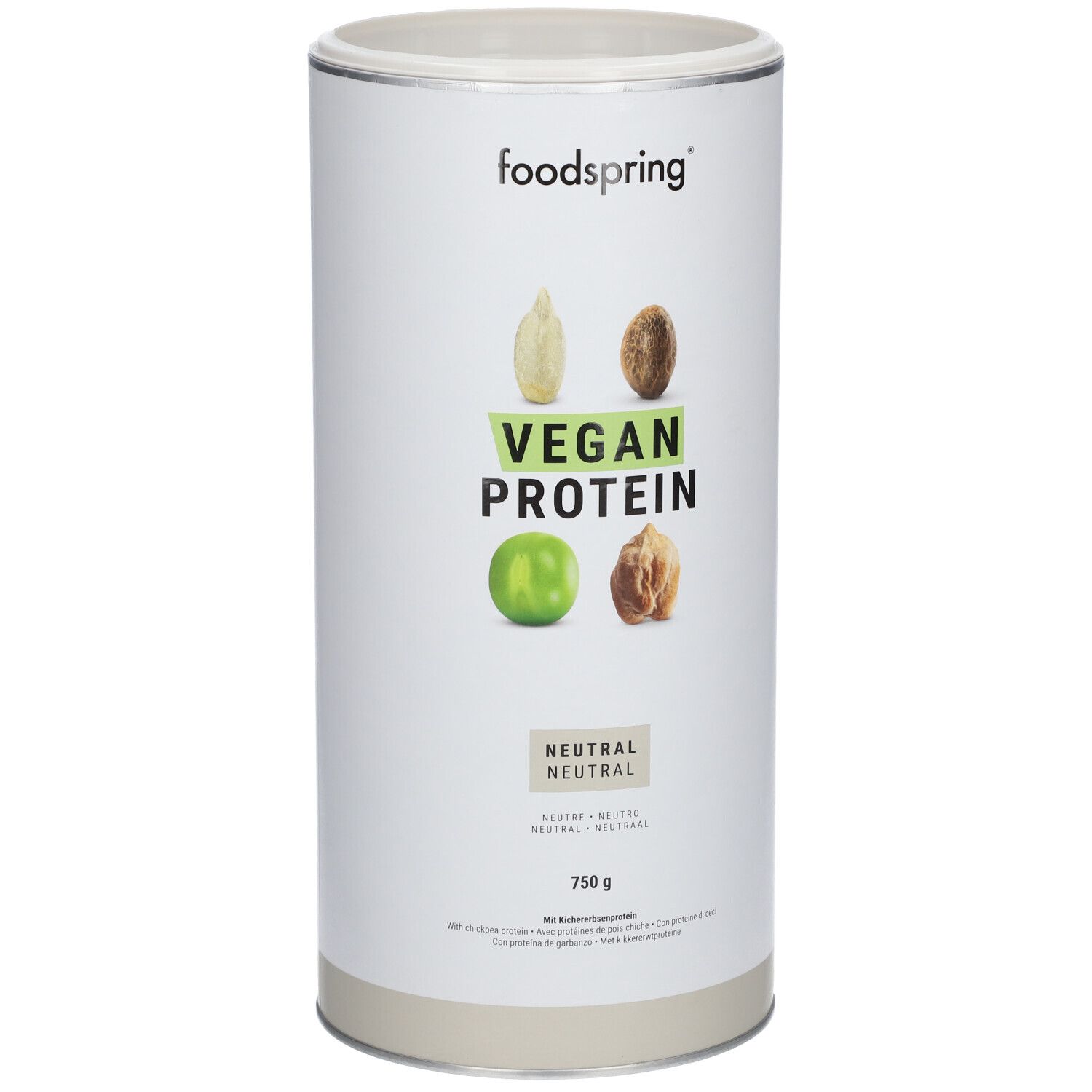 Zylindrische Dose mit "foodspring"-Logo und "VEGAN PROTEIN". Abbildung von Samen und Früchten. "NEUTRAL"-Aufschrift.