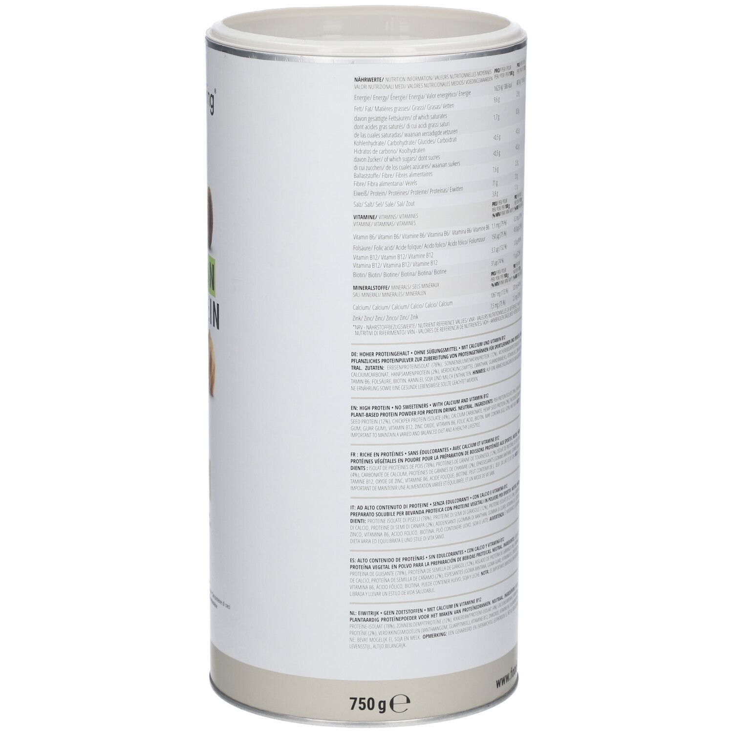 Zylindrische Dose mit "foodspring"-Logo und "VEGAN PROTEIN". Nährwertangaben und Text. Gewicht: 750 g.