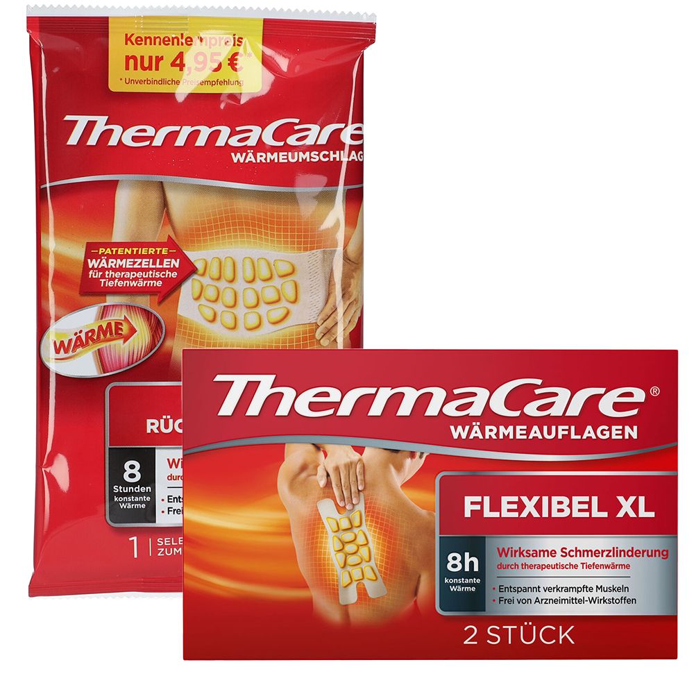 Zwei Packungen ThermaCare Wärmeauflagen. Rote Verpackung mit Produktabbildung und Text. Eine Packung zeigt einen Rücken, die andere einen Bauch.