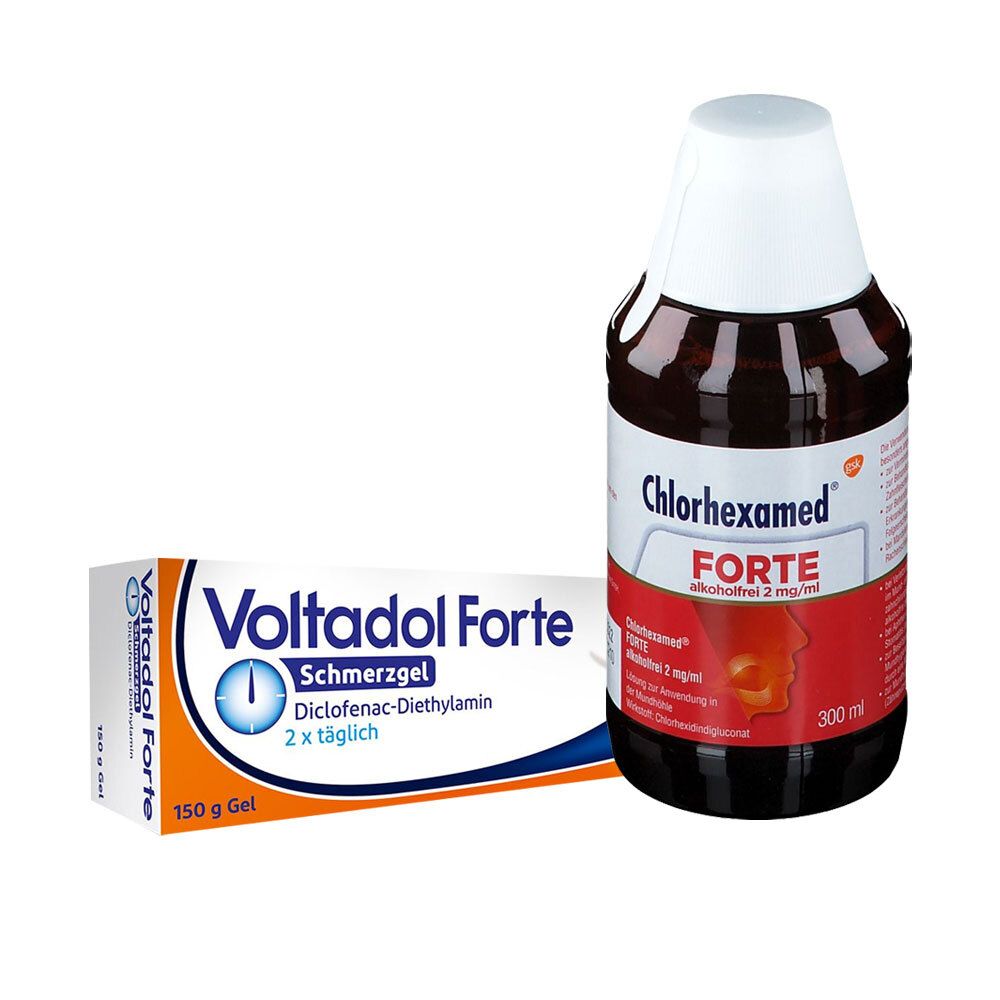 Zwei Medikamente: Chlorhexamed FORTE alkoholfrei Flasche und Voltadol Forte Schmerzgel-Packung. Beide Produkte sind auf weißem Hintergrund.