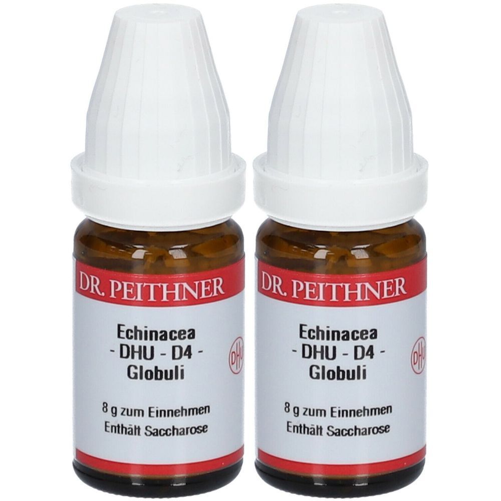 Zwei braune Glasflaschen mit weißen Deckeln. Auf den Etiketten steht "DR. PEITHNER Echinacea - DHU - D4 - Globuli".