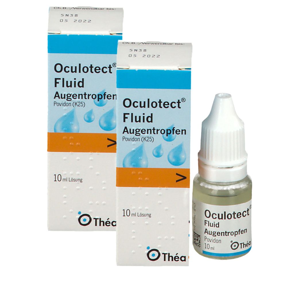 Zwei Schachteln und eine Flasche Oculotect Fluid Augentropfen. Auf den Schachteln steht "10 ml Lösung". Die Flasche hat einen weißen Deckel.