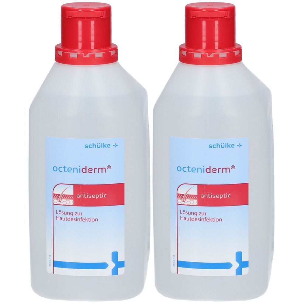 Zwei Flaschen Octeniderm® Lösung zur Hautdesinfektion. Weiße Flaschen mit rotem Verschluss und blauem Etikett.