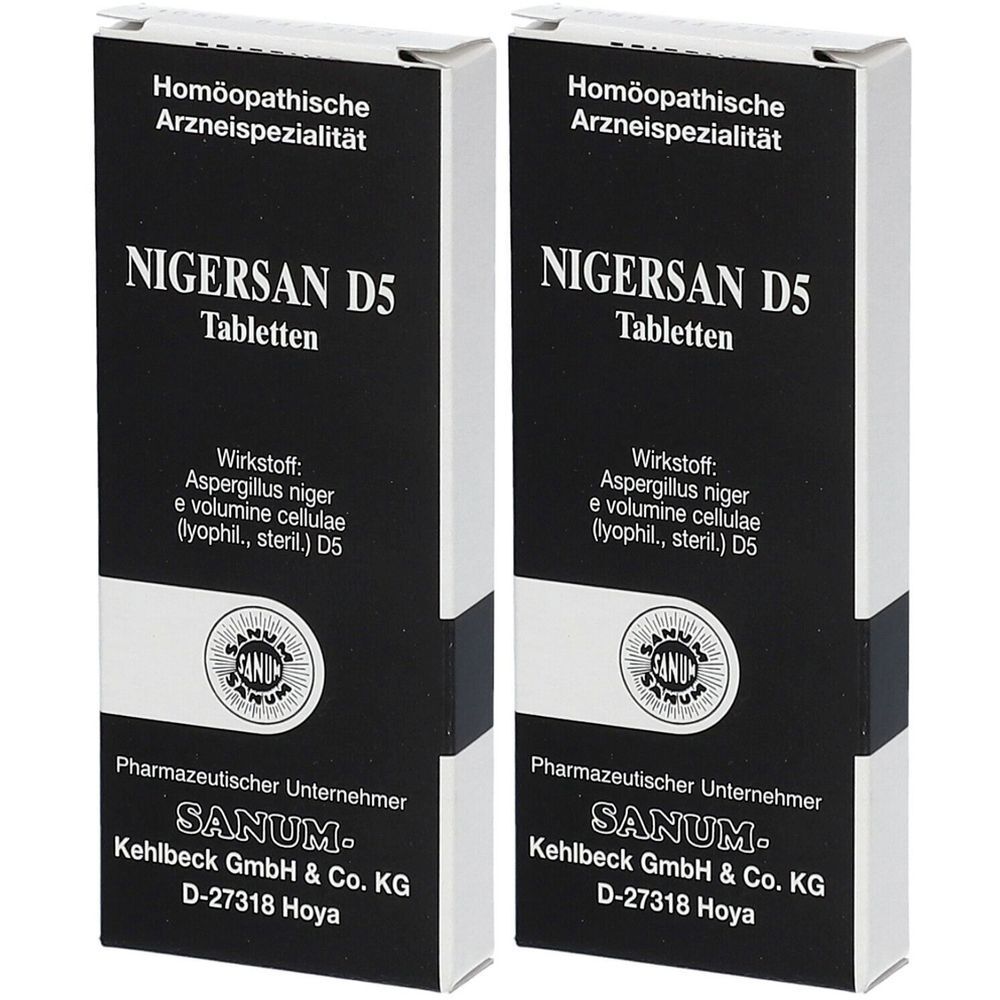 Zwei Schachteln NIGERSAN D5 Tabletten. Schwarze Verpackung mit weißer Schrift. Hersteller SANUM.