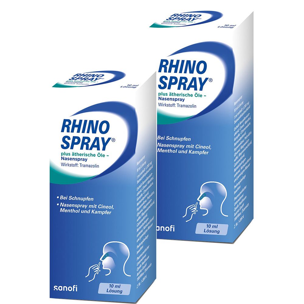 Zwei Nasenspray-Verpackungen. Weiß, blau. Aufschrift: RHINO SPRAY plus ätherische Öle. 10 ml Lösung. Sanofi-Logo.