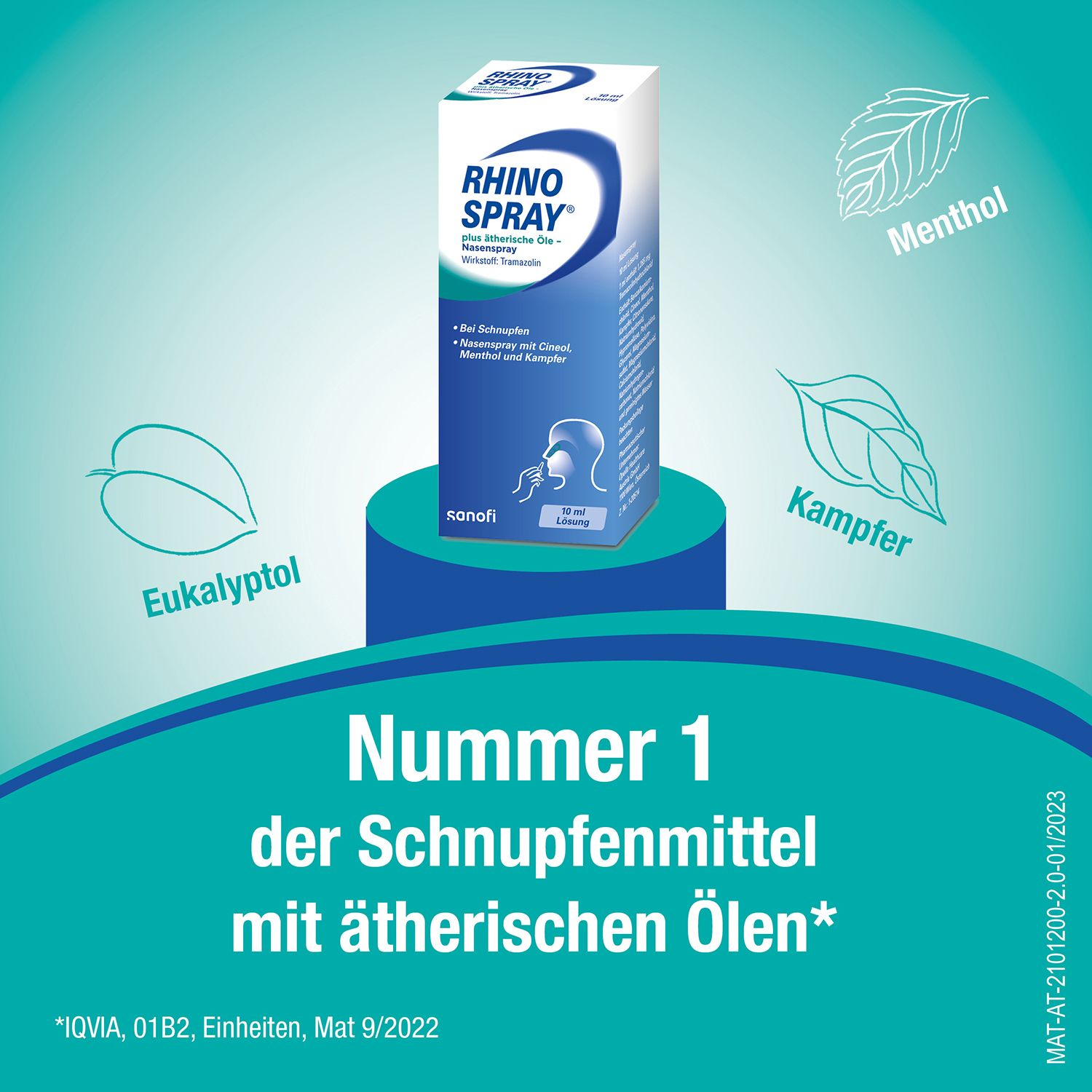Nasenspray-Verpackung. Weiß, blau. Aufschrift: RHINO SPRAY plus ätherische Öle. Text: Nummer 1 der Schnupfenmittel mit ätherischen Ölen.