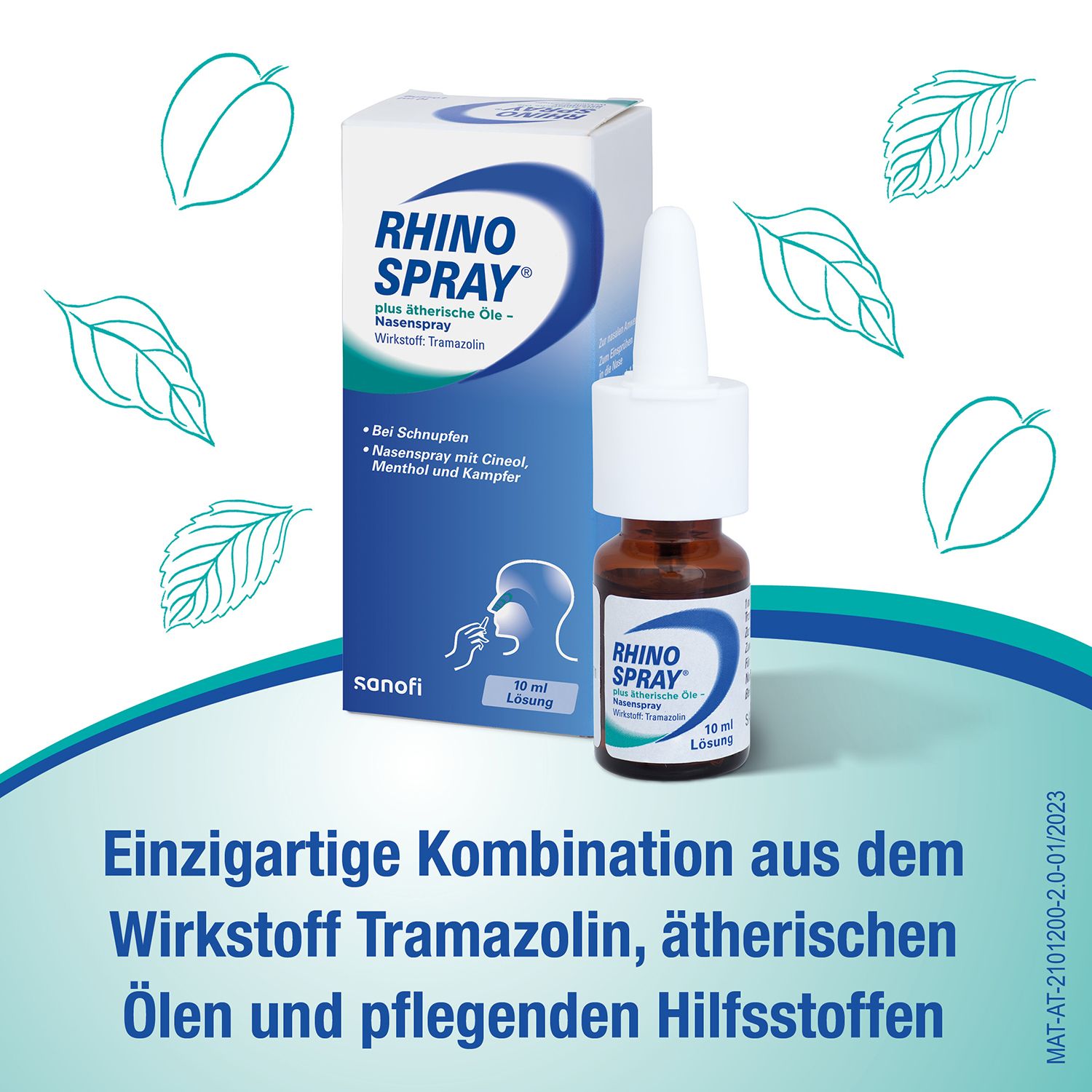 Nasenspray und Verpackung. Braune Flasche mit weißem Sprühkopf. Aufschrift: RHINO SPRAY. Text: Einzigartige Kombination aus Wirkstoff, ätherischen Ölen.