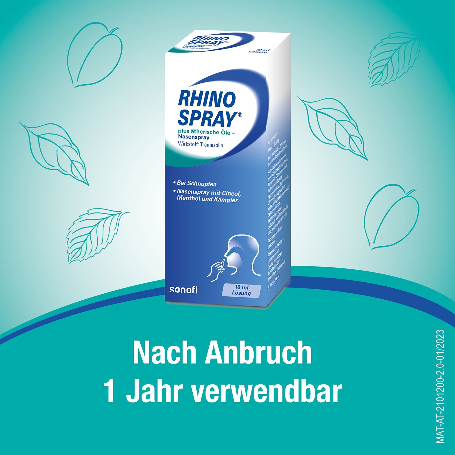Nasenspray und Verpackung. Aufschrift: RHINO SPRAY plus ätherische Öle. Text: Nach Anbruch 1 Jahr verwendbar.