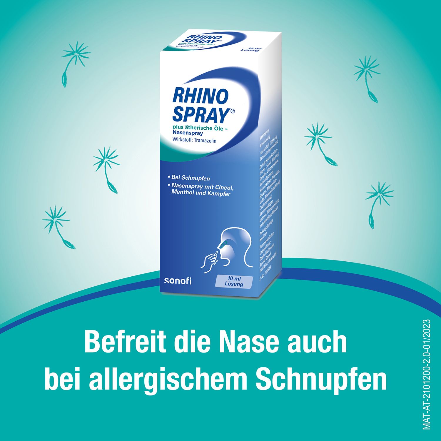 Nasenspray und Verpackung. Aufschrift: RHINO SPRAY plus ätherische Öle. Text: Befreit die Nase auch bei allergischem Schnupfen.