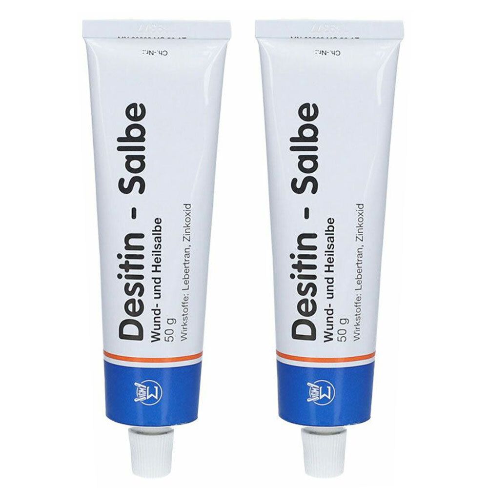 Zwei Tuben Desitin-Salbe. Weiße Tuben mit blauer und roter Schrift. Aufschrift: Wund- und Heilsalbe, 50 g. Enthält Lebertran, Zinkoxid.