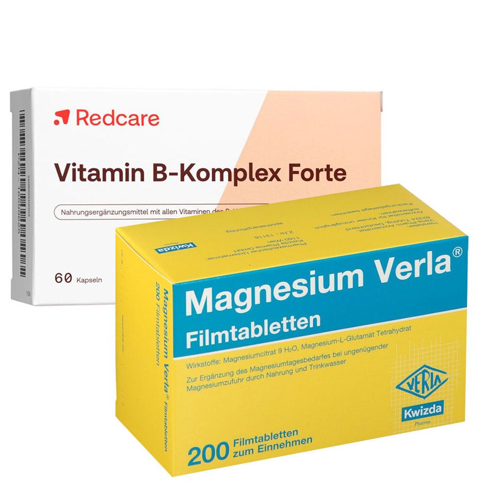 Zwei Medikamentenverpackungen. Oben: Redcare Vitamin B-Komplex Forte, 60 Kapseln. Unten: Magnesium Verla Filmtabletten, 200 Tabletten.