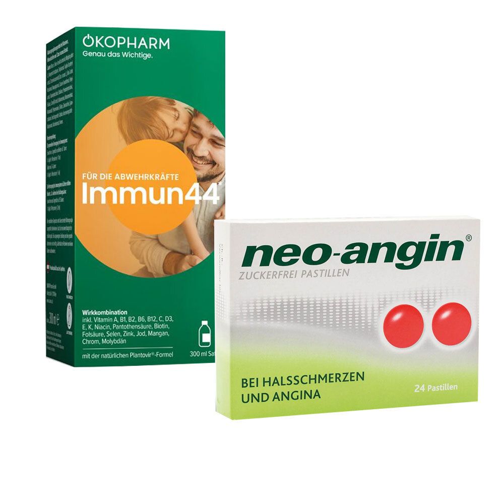 ÖKOPHARM Immun44 Saft-Packung und neo-angin Pastillen. Beide in Verpackungen, vor weißem Hintergrund. Immun44 mit Logo, Text und Abbildung.