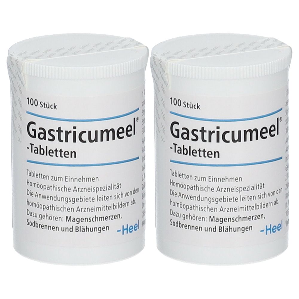 Zwei weiße Tablettenbehälter mit dem Aufdruck Gastricumeel-Tabletten. Aufschrift: 100 Stück. Marke Heel.