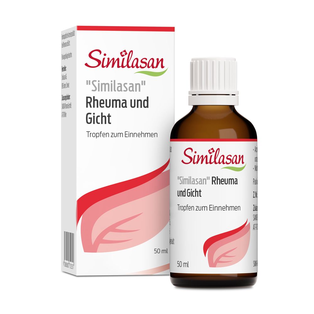 Braune Glasflasche und Schachtel mit roter und weißer Beschriftung. Aufschrift: "Similasan" Rheuma und Gicht, Tropfen zum Einnehmen. 50 ml.