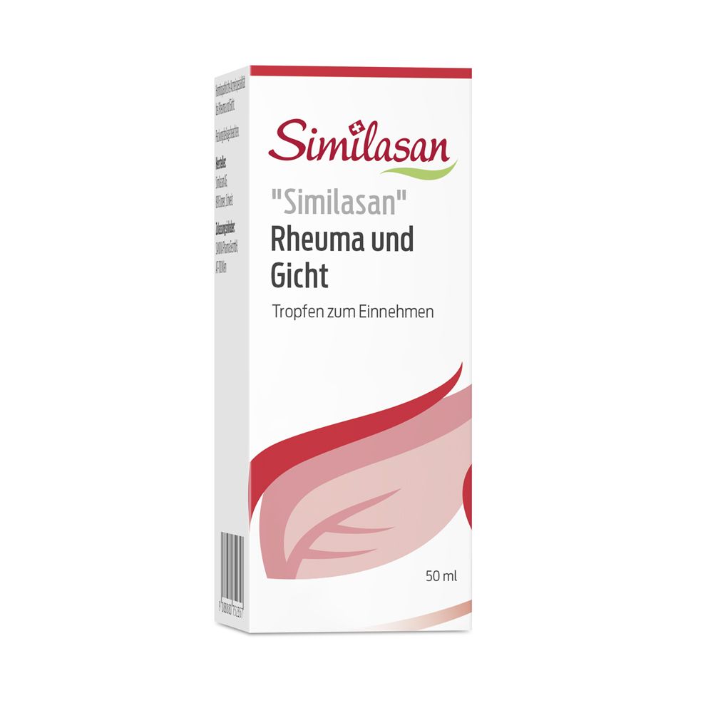 Weiße Schachtel mit roter und weißer Beschriftung. Aufschrift: "Similasan" Rheuma und Gicht, Tropfen zum Einnehmen. 50 ml.