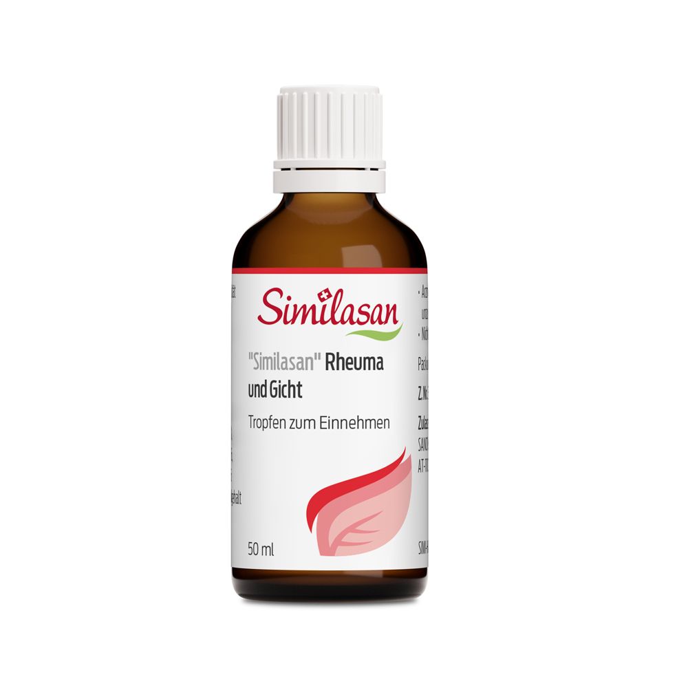 Braune Glasflasche mit weißer Kappe und roter und weißer Beschriftung. Aufschrift: "Similasan" Rheuma und Gicht, Tropfen zum Einnehmen. 50 ml.