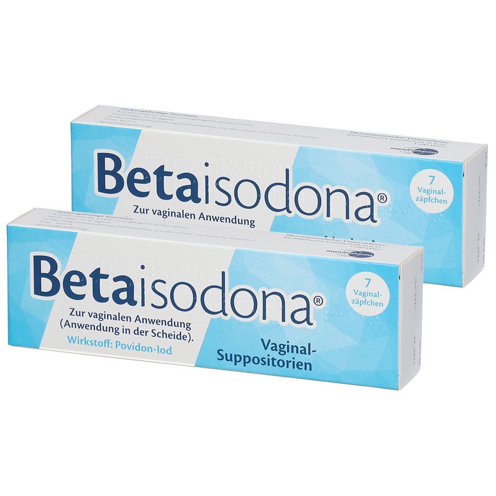 Zwei Schachteln Betaisodona® Vaginal-Suppositorien. Blaue und weiße Verpackung mit Produktnamen und Anwendungshinweis. Jede Schachtel enthält 7 Zäpfchen.