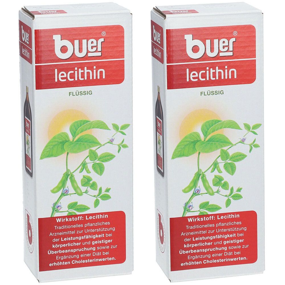 Zwei Kartons mit "buer lecithin". Roter Streifen mit Produktnamen. Pflanzenabbildung. Text: "Flüssig".