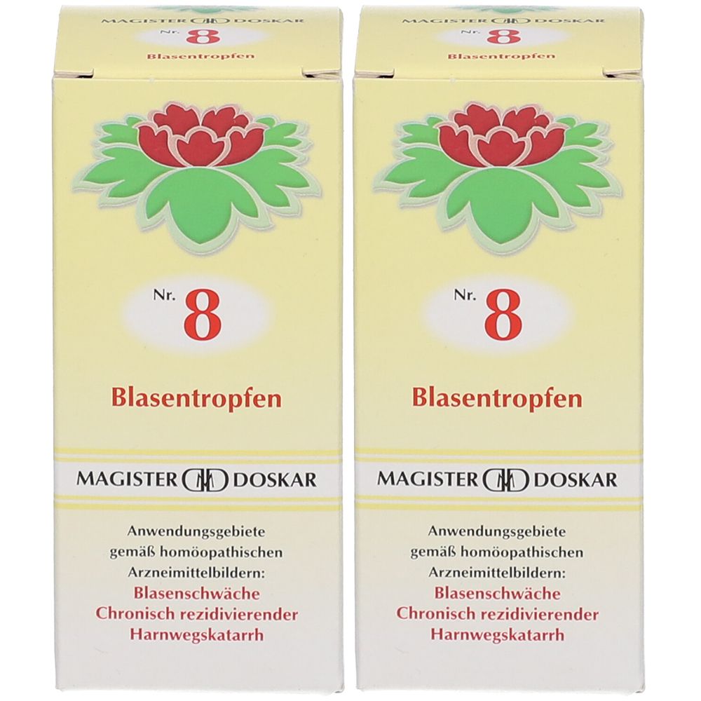 Zwei identische Faltschachteln. Aufdruck: Nr. 8, Blasentropfen, MAGISTER DOSKAR. Anwendung bei Blasenschwäche und Harnwegskatarrh. Oben: florales Muster.