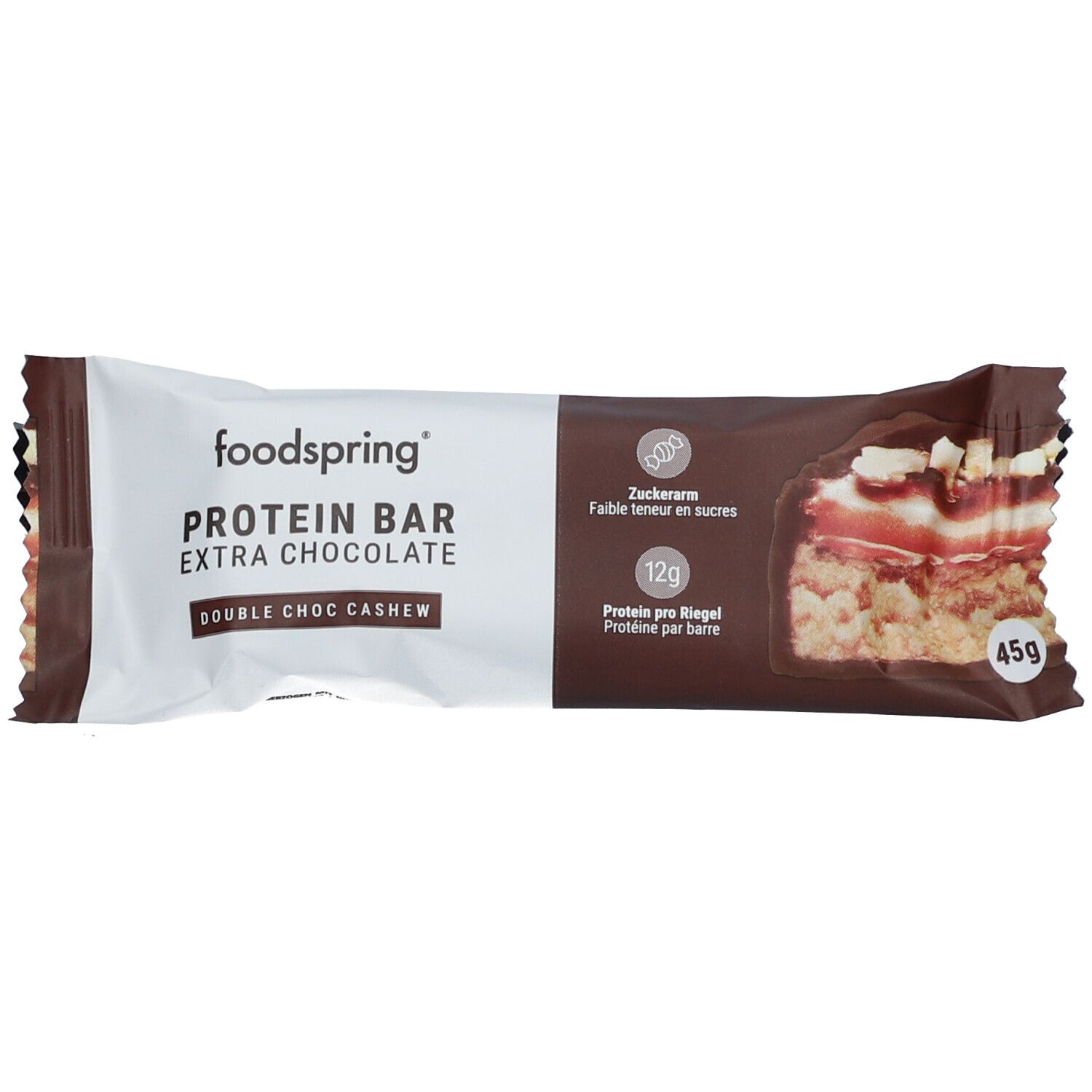 Proteinriegel von foodspring. Extra Chocolate, Double Choc Cashew. 45g. Wenig Zucker, 12g Protein pro Riegel.