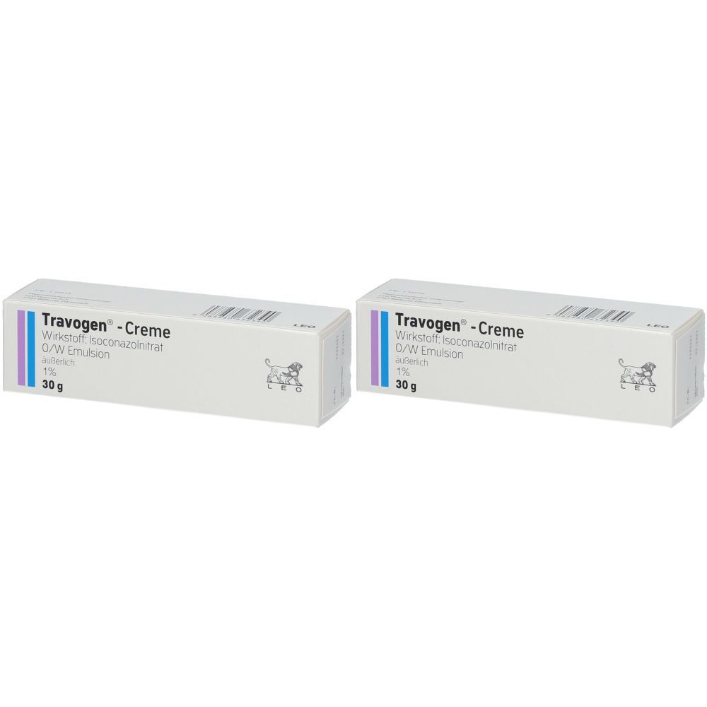 Zwei rechteckige Faltschachteln. Aufdruck: Travogen-Creme, Wirkstoff Isoconazolnitrat, 1%, 30g. Logo eines Tieres.