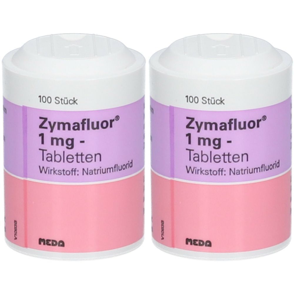 Zwei zylindrische Behälter. Aufschrift: Zymafluor 1 mg Tabletten, 100 Stück. Wirkstoff: Natriumfluorid. Rosa und lila Etikett. MEDA Logo.