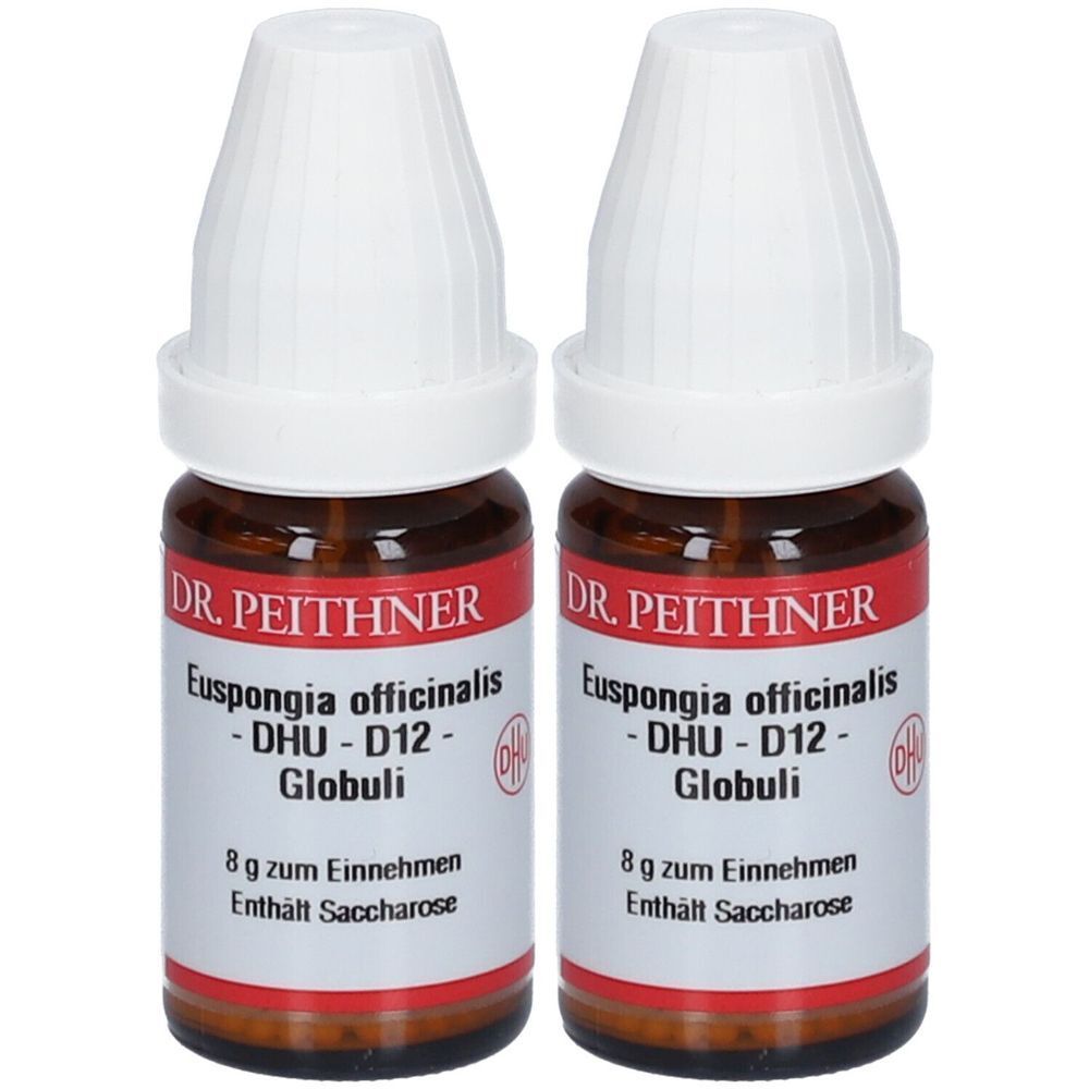 Zwei braune Glasflaschen mit weißen Deckeln. Auf den Etiketten steht "DR. PEITHNER Euspongia officinalis DHU-D12 Globuli".