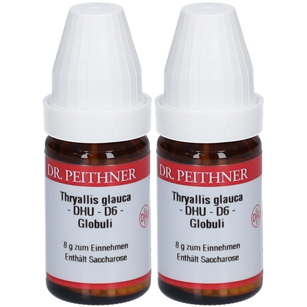 Zwei braune Glasflaschen mit weißen Deckeln. Auf den Etiketten steht "DR. PEITHNER Thryallis glauca - DHU - D6 - Globuli".