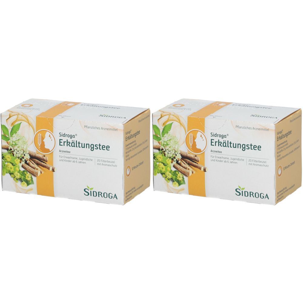 Zwei Kartons Sidroga® Erkältungstee. Aufdruck mit Produktname, Illustration und Logo. Beige und gelbe Verpackung.