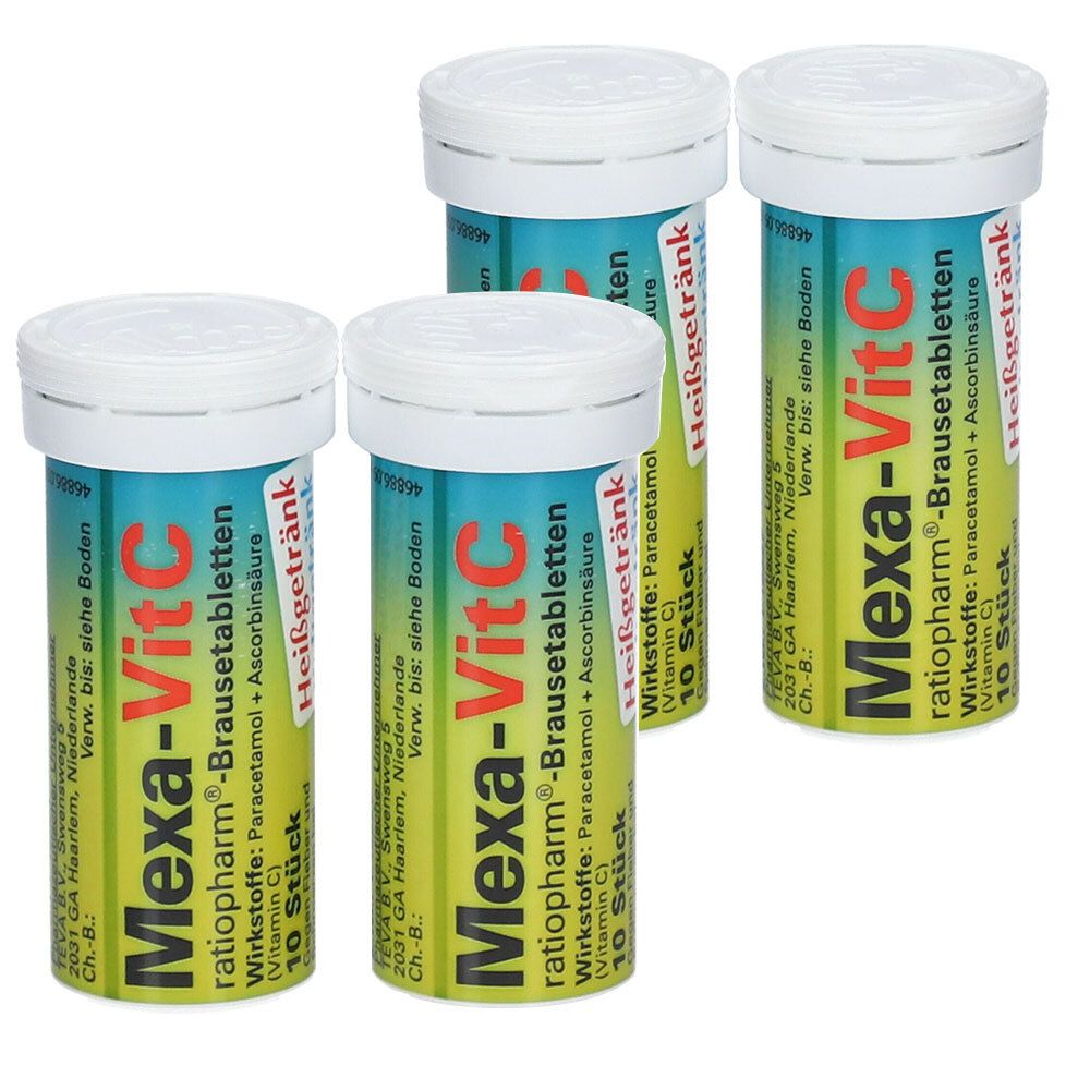 Vier zylindrische Behälter mit weißen Deckeln. Auf den Behältern steht "Mexa-Vit C Brausetabletten".