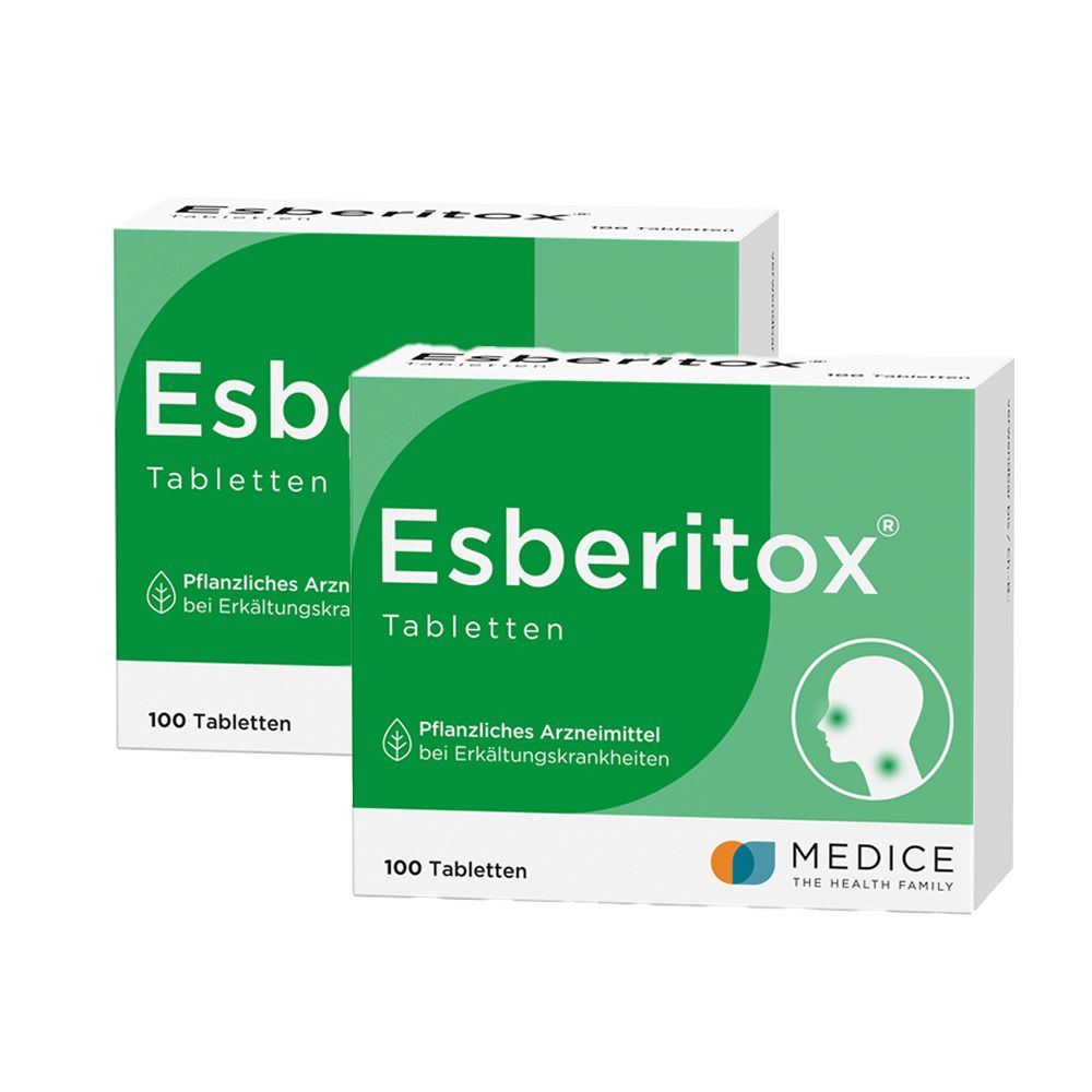 Zwei Schachteln Esberitox Tabletten. Grüne und weiße Verpackung mit Produktnamen, Logo und Text: Pflanzliches Arzneimittel bei Erkältungskrankheiten.