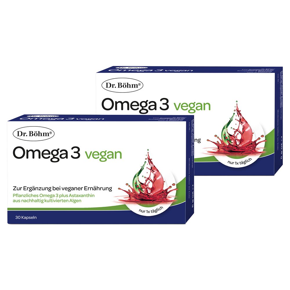 Deux boîtes de Dr. Böhm Omega 3 vegan. Inscription : Omega 3 vegan, 30 capsules. Emballage bleu et blanc avec illustration de gouttes.