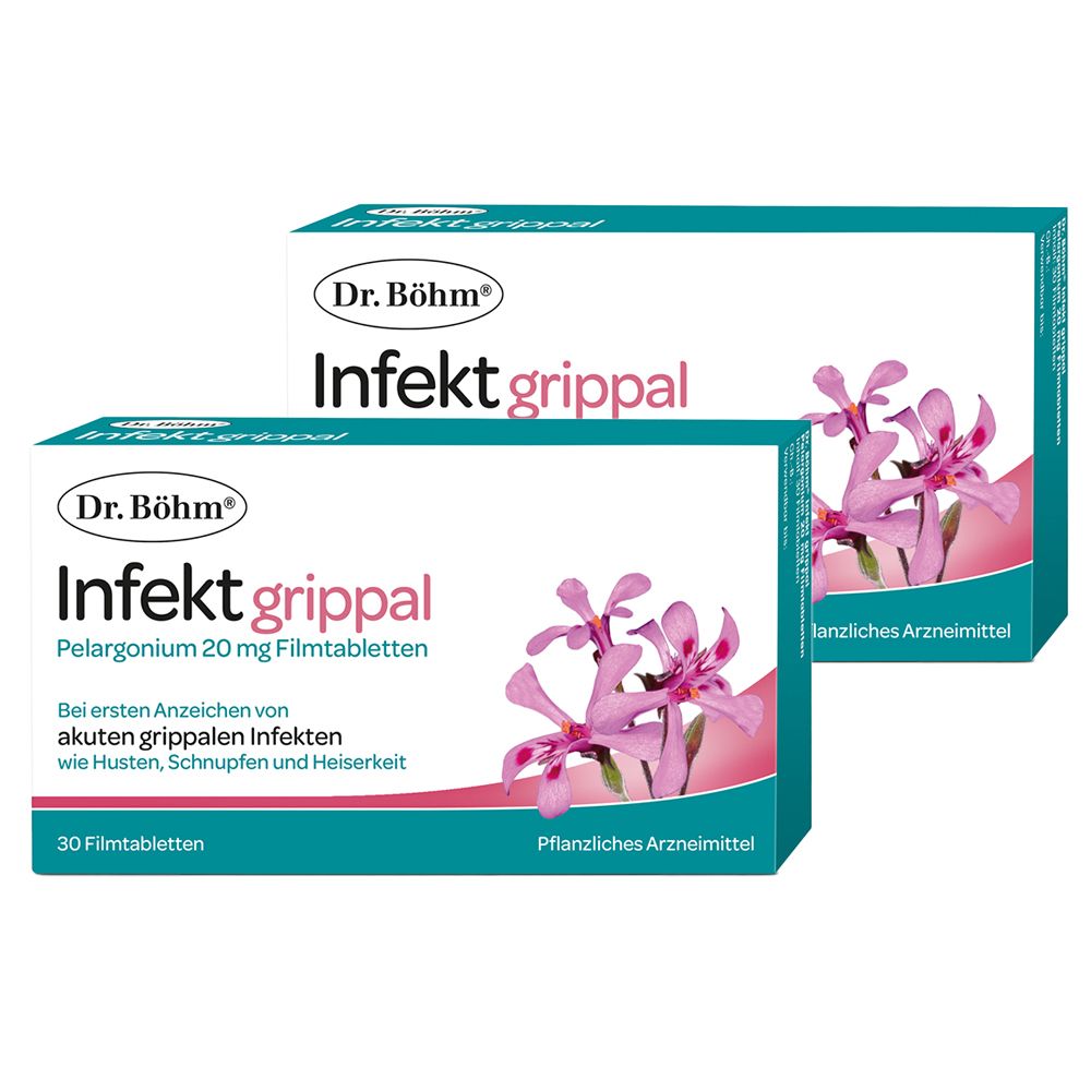 Zwei Schachteln Dr. Böhm Infekt grippal. Aufschrift: Pelargonium 20 mg Filmtabletten. Pflanzliches Arzneimittel. Abbildung von rosa Blüten.