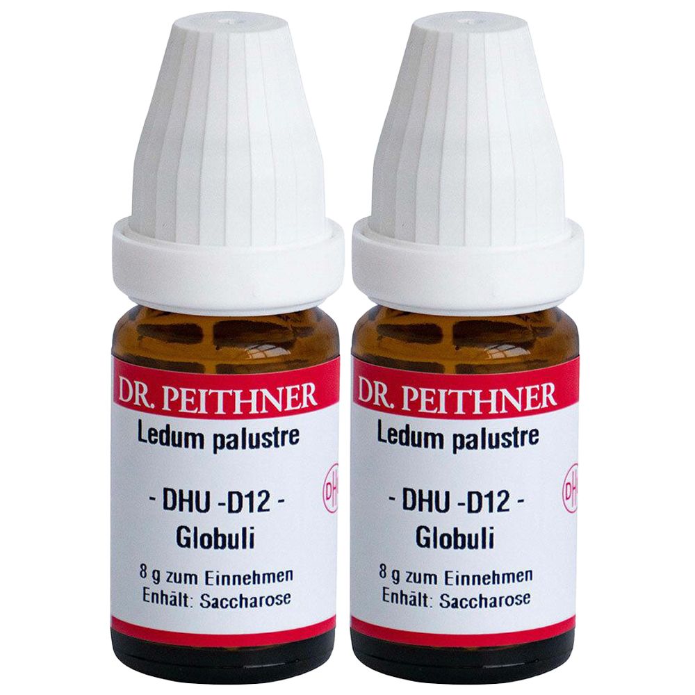 Zwei braune Glasflaschen mit weißen Deckeln. Auf den Etiketten steht "DR. PEITHNER Ledum palustre - DHU-D12 - Globuli".