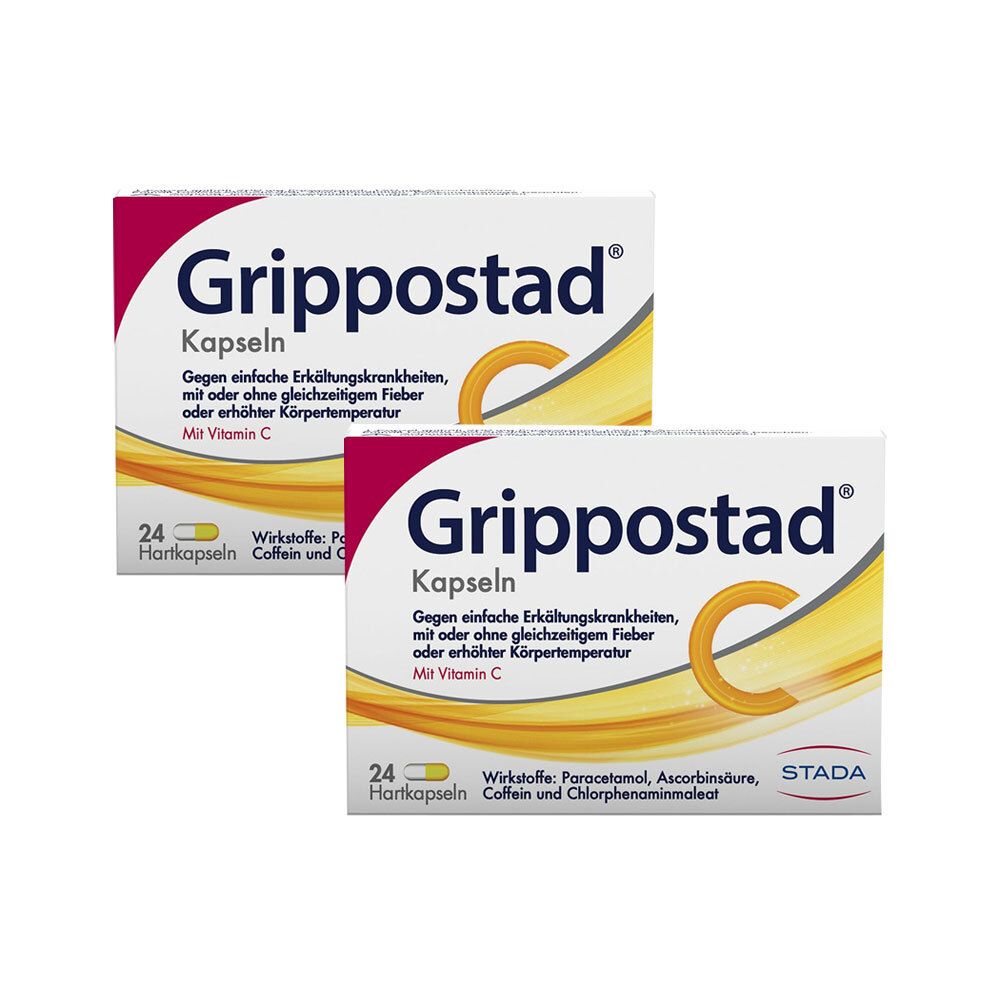 Zwei Packungen Grippostad® C Kapseln. Weiße Schachteln mit roter und gelber Schrift. Enthält 24 Kapseln. STADA Logo.