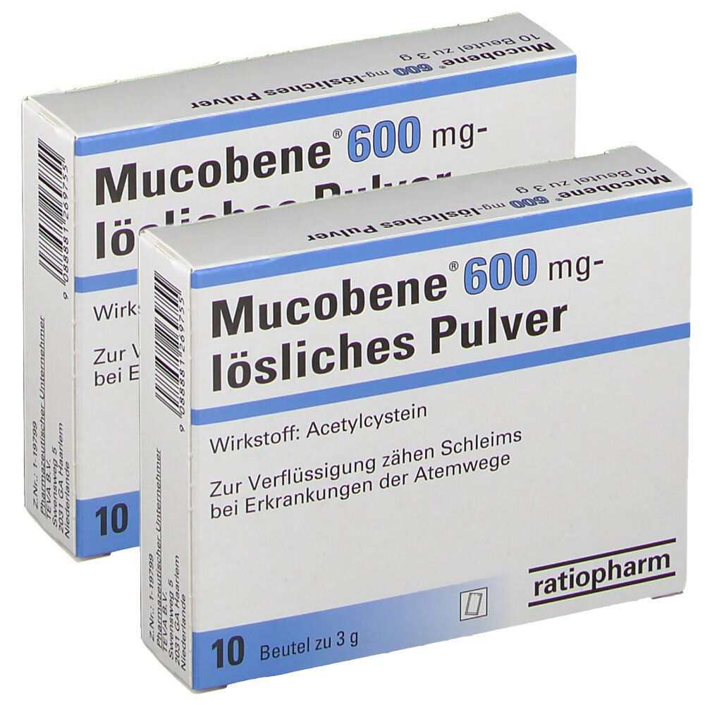 Zwei Schachteln Mucobene 600 mg lösliches Pulver. Blaue und weiße Verpackung. Aufschrift: 10 Beutel. Wirkstoff: Acetylcystein.