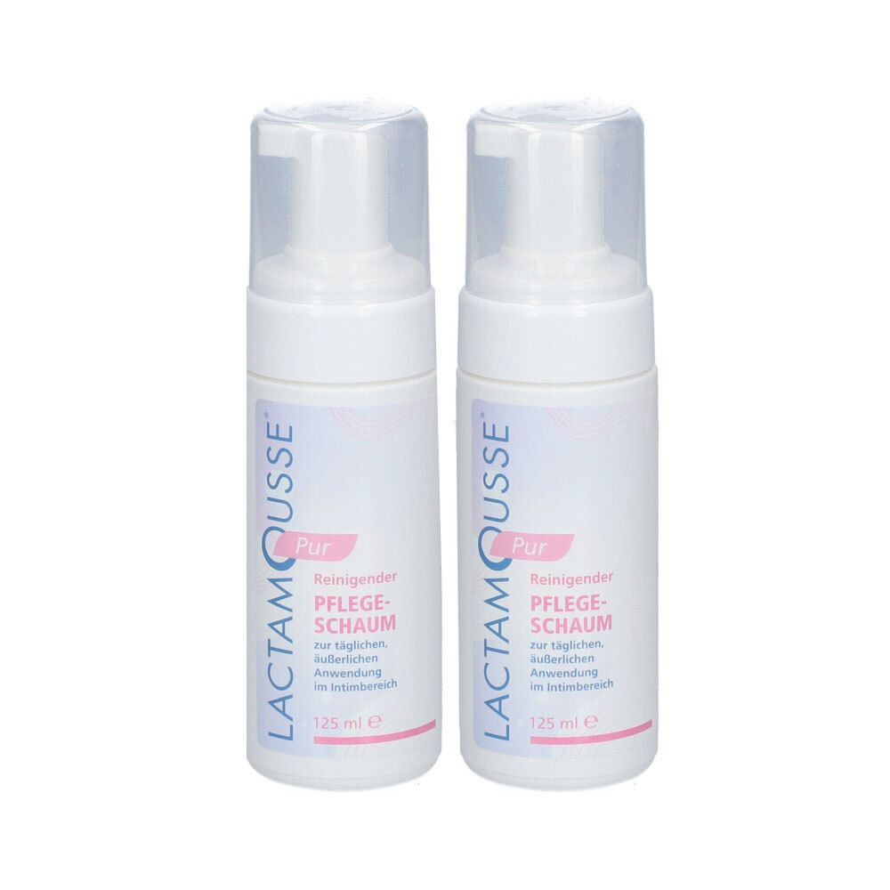 Zwei weiße Flaschen mit Pumpaufsatz. Aufschrift LACTAMOUSSE® Pur, Reinigender Pflegeschaum. 125 ml.