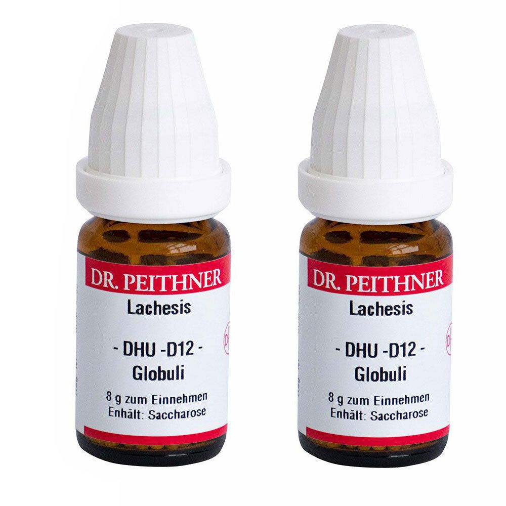 Zwei braune Glasflaschen mit weißen Deckeln. Auf den Etiketten steht: DR. PEITHNER Lachesis - DHU-D12- Globuli. 8 g zum Einnehmen. Enthält: Saccharose.